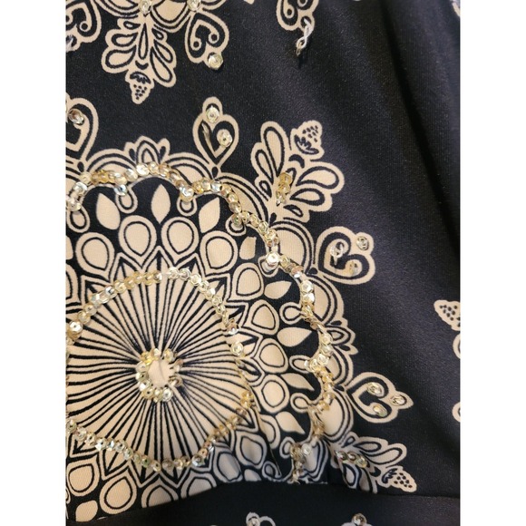 Whimsigoth‎ Fairycore Silky Glam Black Tan Sequins Faux Wrap V Neck Large Top - Picture 3 of 7